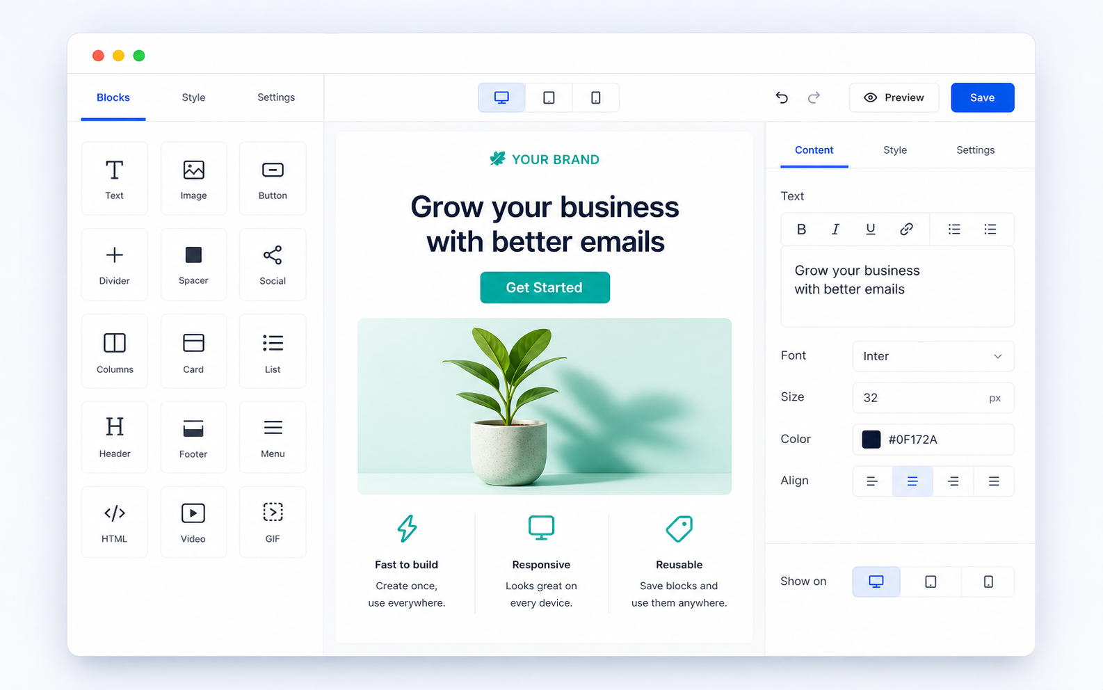 Easy Email Pro drag-and-drop editor interface